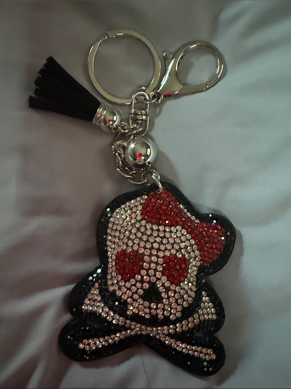 Crystal Skull & Crossbones Keychain Charm with Black Tassel